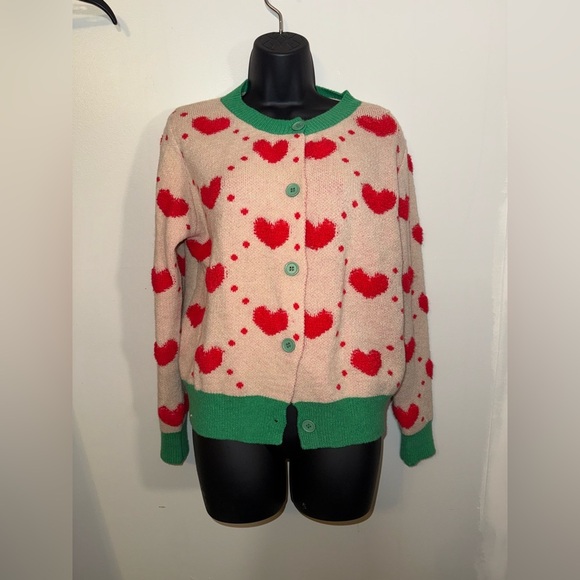 SHEIN Heart Patterned Cardigan Sweater Medium Tan Red Green Valentine's Day - Picture 9 of 9